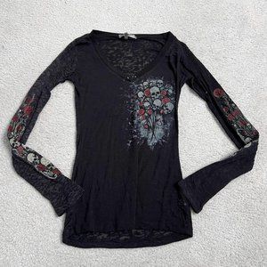 Vintage goth skull print rose long sleeve black top